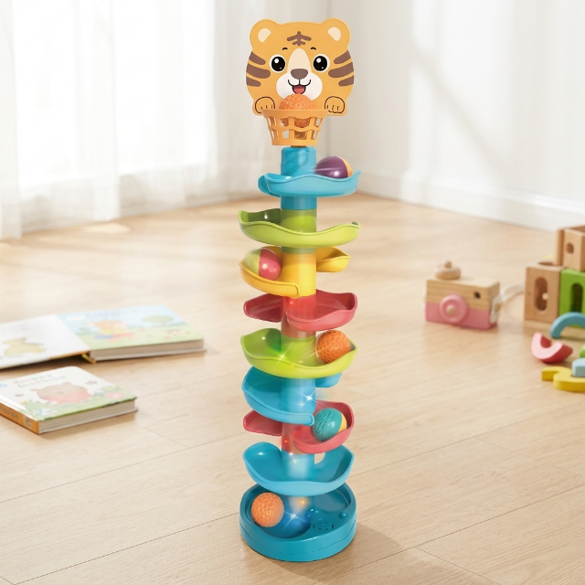 Kugelbahn mit Tiger-Motiv - Motorikspielzeug - 9 Bälle
