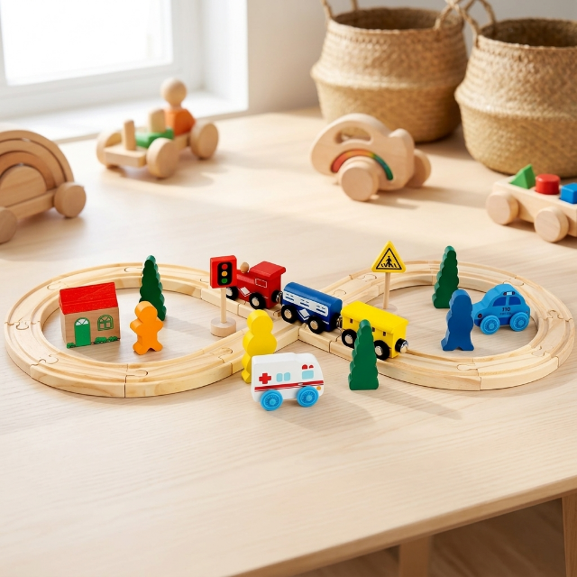 Holzeisenbahn - Set für Kinder - 33-teilig mit Schienen