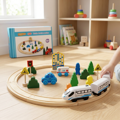 Holzeisenbahn Set mit Zug - Schienen und Zubehör