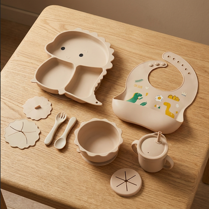 Dinosaurier Silikon Babygeschirr Set - 11-teilig