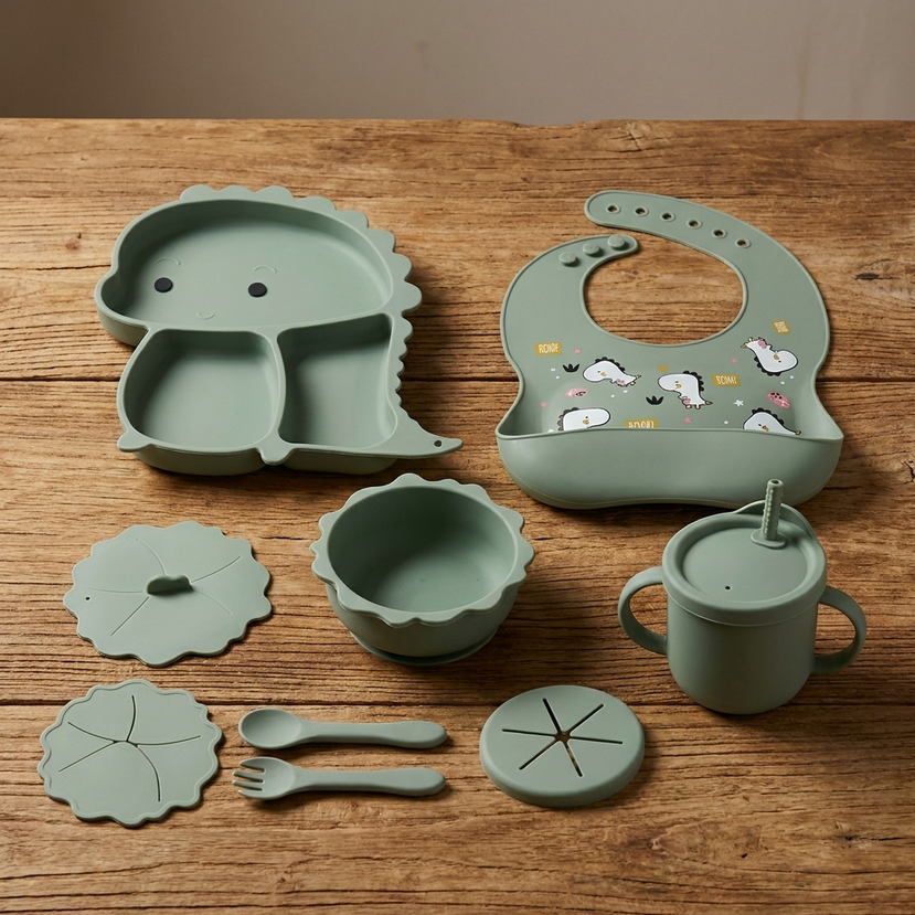 Dinosaurier Silikon Babygeschirr Set - 11-teilig