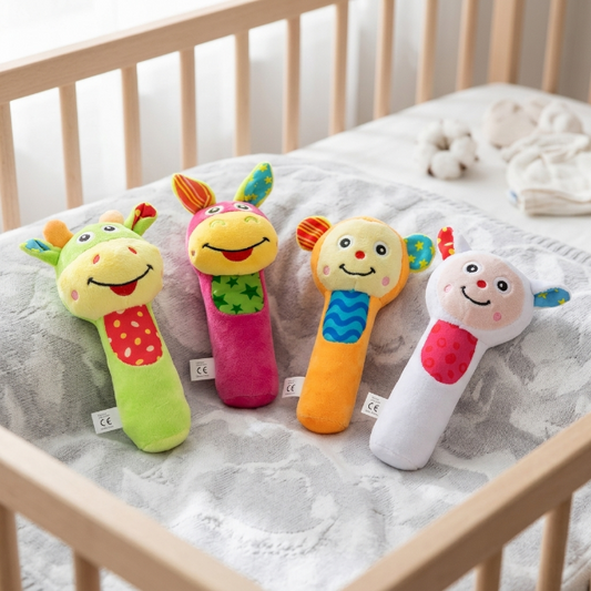 4er Set - Plüsch-Babyrasseln - Tier-Greiflinge