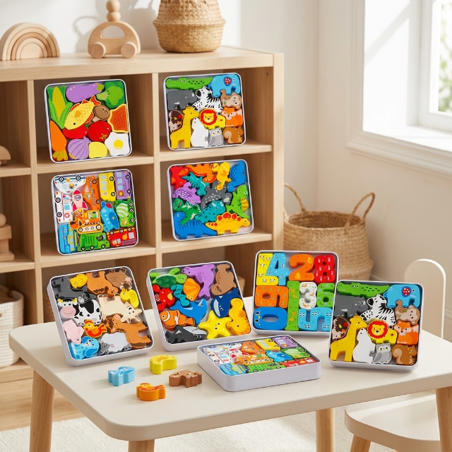 Holzpuzzle je 12 Teile - Lernspielzeug