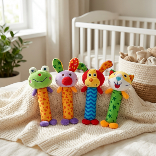 4er Set - Baby Greifling Rassel, Plüschtiere mit Rassel