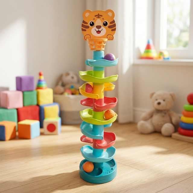 Kugelbahn mit Tiger-Motiv - Motorikspielzeug - 9 Bälle