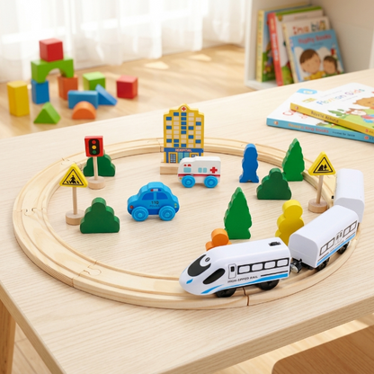 Holzeisenbahn Set mit Zug - Schienen und Zubehör
