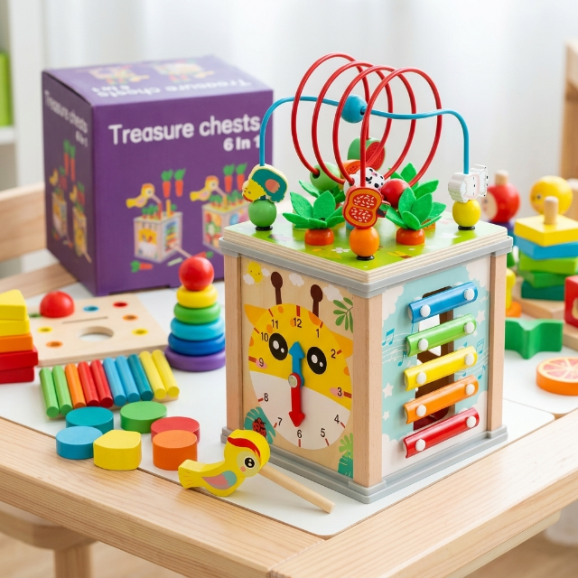 Aktivitätswürfel aus Holz - 5-in-1 Lernspielzeug