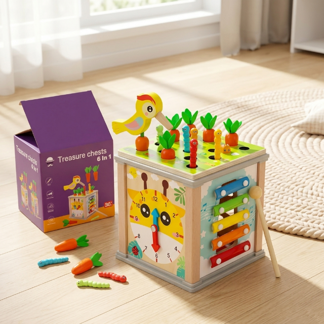 Aktivitätswürfel aus Holz - 5-in-1 Lernspielzeug