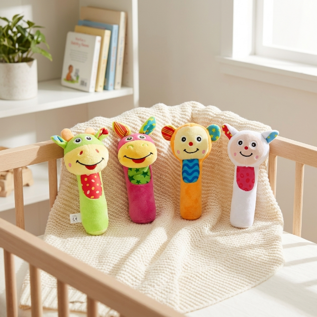 4er Set - Plüsch-Babyrasseln - Tier-Greiflinge