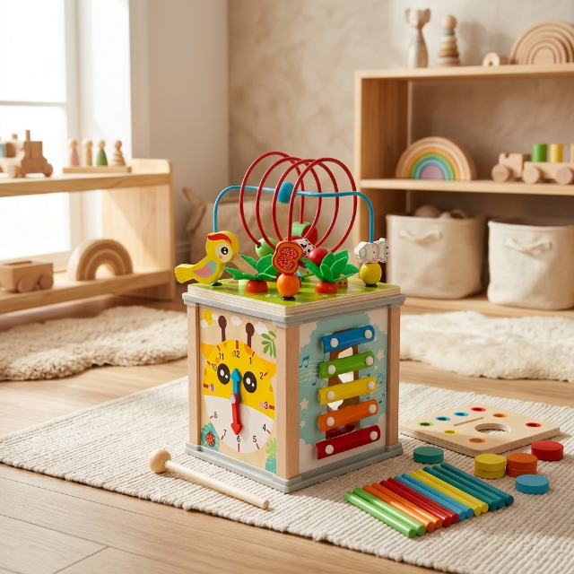 Aktivitätswürfel aus Holz - 5-in-1 Lernspielzeug
