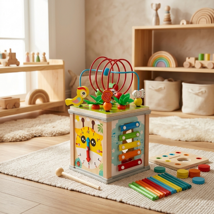 Aktivitätswürfel aus Holz - 5-in-1 Lernspielzeug