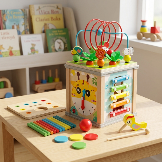 Aktivitätswürfel aus Holz - 5-in-1 Lernspielzeug